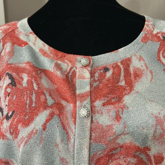 ST JOHN pink and silver rose print  button down cardigan wool lurex Women’s XL - Picture 3 of 14
